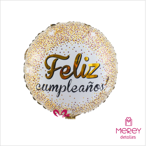 Globo feliz cumpleaños blanco lunares dorados 18" (45cm)