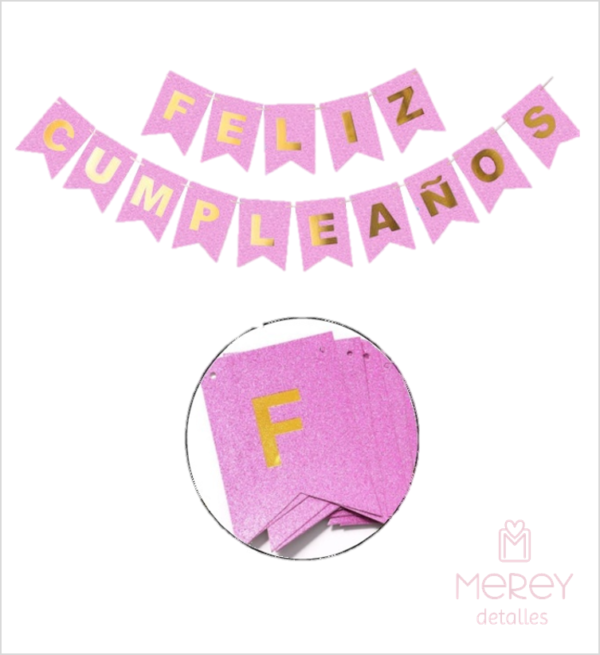Banderin glitter feliz cumpleaños rosa chicle