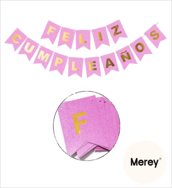 Banderin glitter feliz cumpleaños rosa chicle